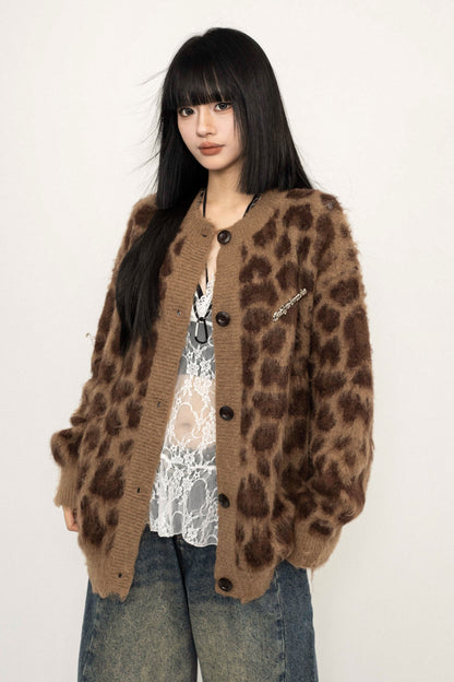 Loose Fit Leopard Print Knit Jacket