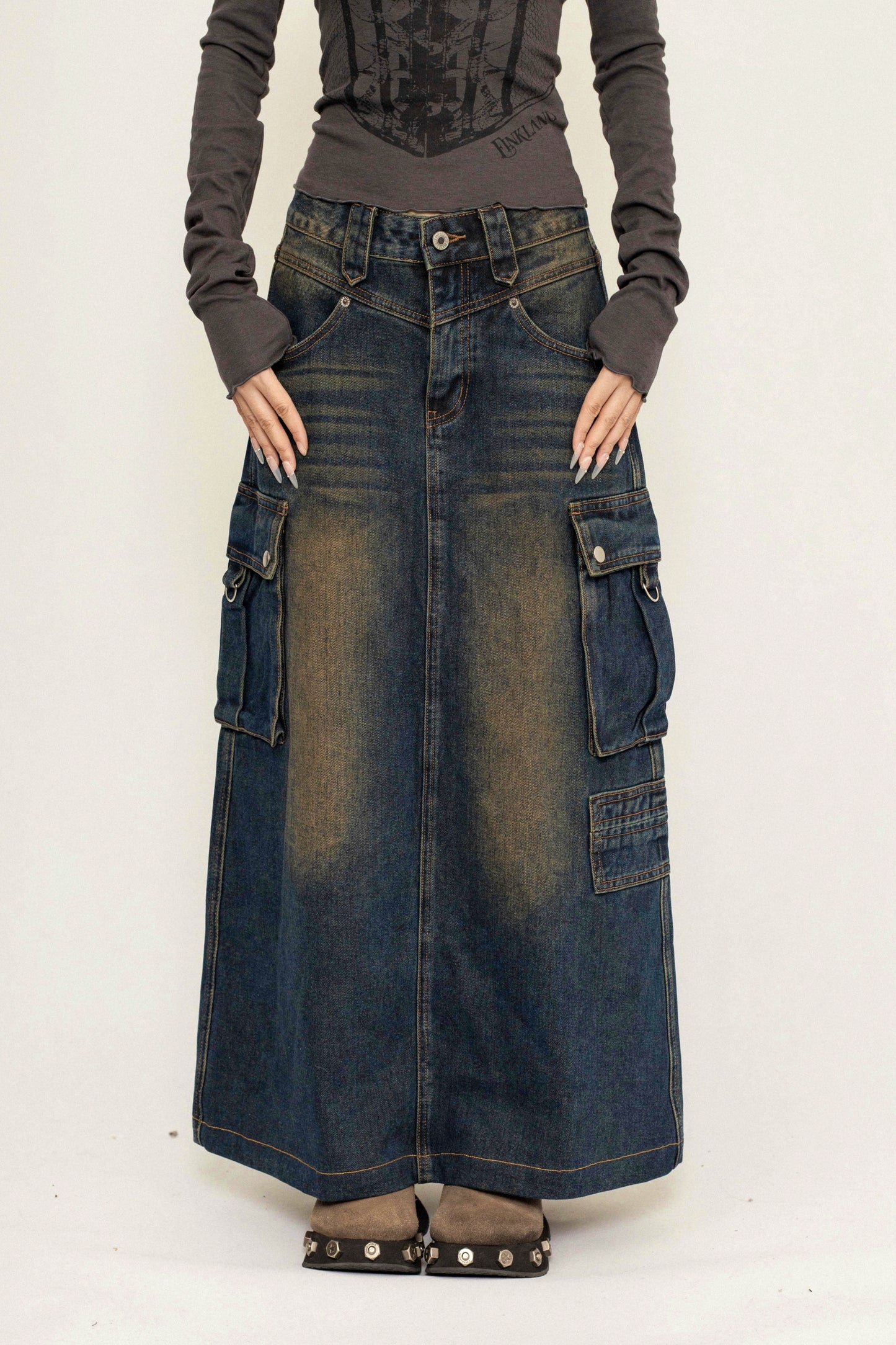 OCTTFLAB Original Fall/Winter American Retro Style Denim Skirt Long Design Pocket Long Skirt Women