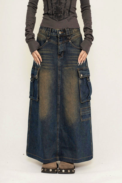 OCTTFLAB Original Herbst/Winter American Retro Style Denim Rock Long Design Pocket Long Rock Women