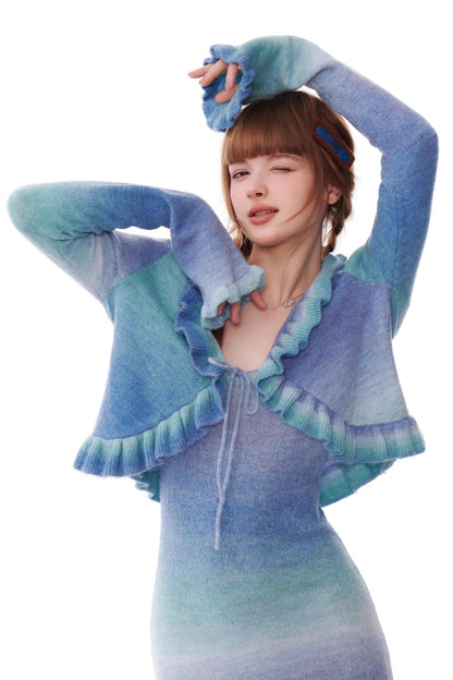 Retro Gradient Ruffles Bell Sleeve Cardigan