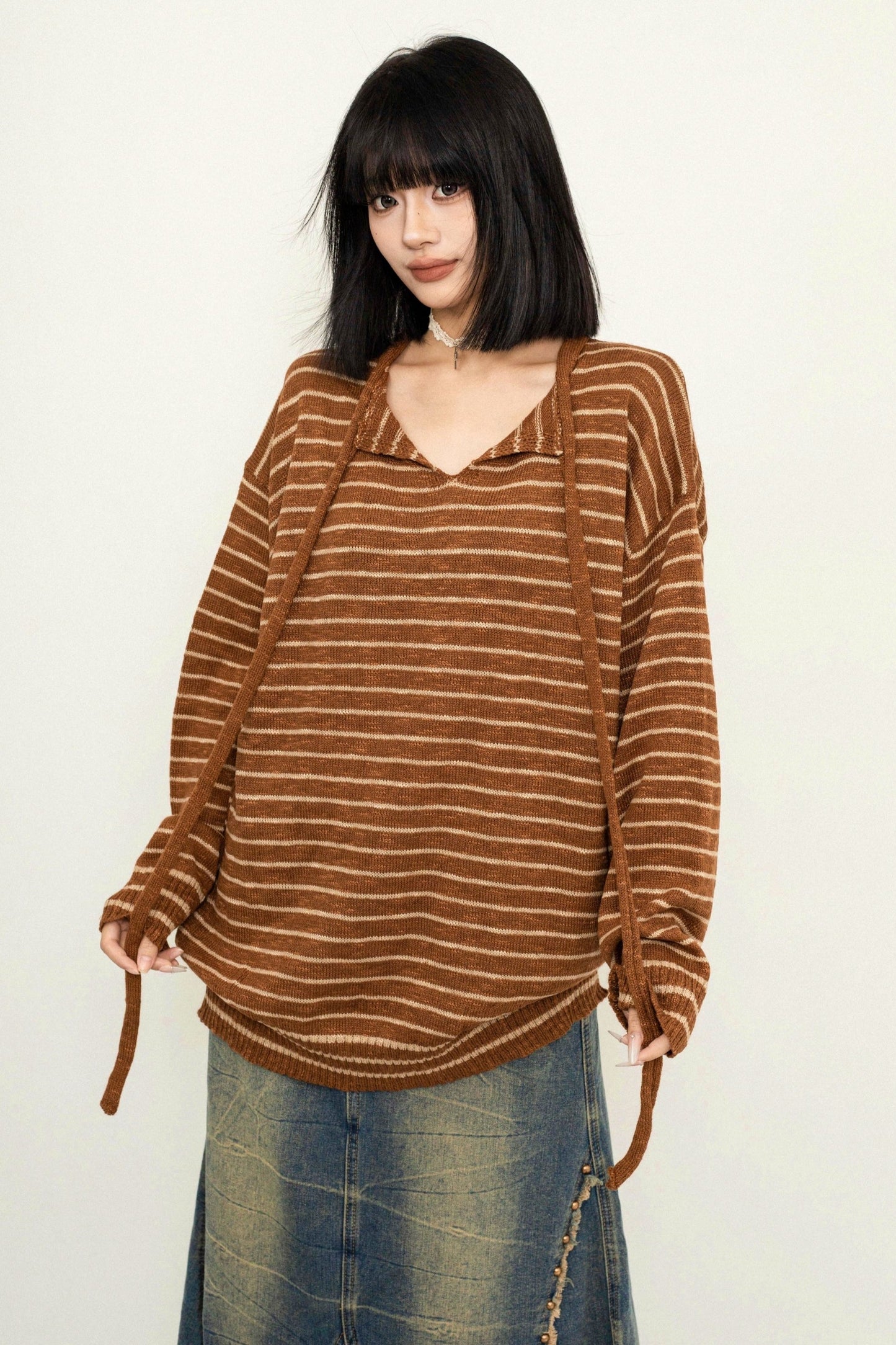 OCTTFLAB Fall/Winter Lazy Lace-up Striped Loose Sweater Women's 2024 New Hooded Pullover Knit