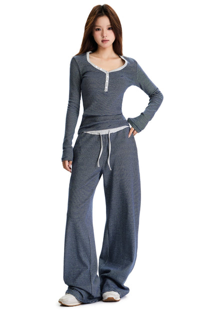 Draped Striped Knitted Wide-Leg Track Pants