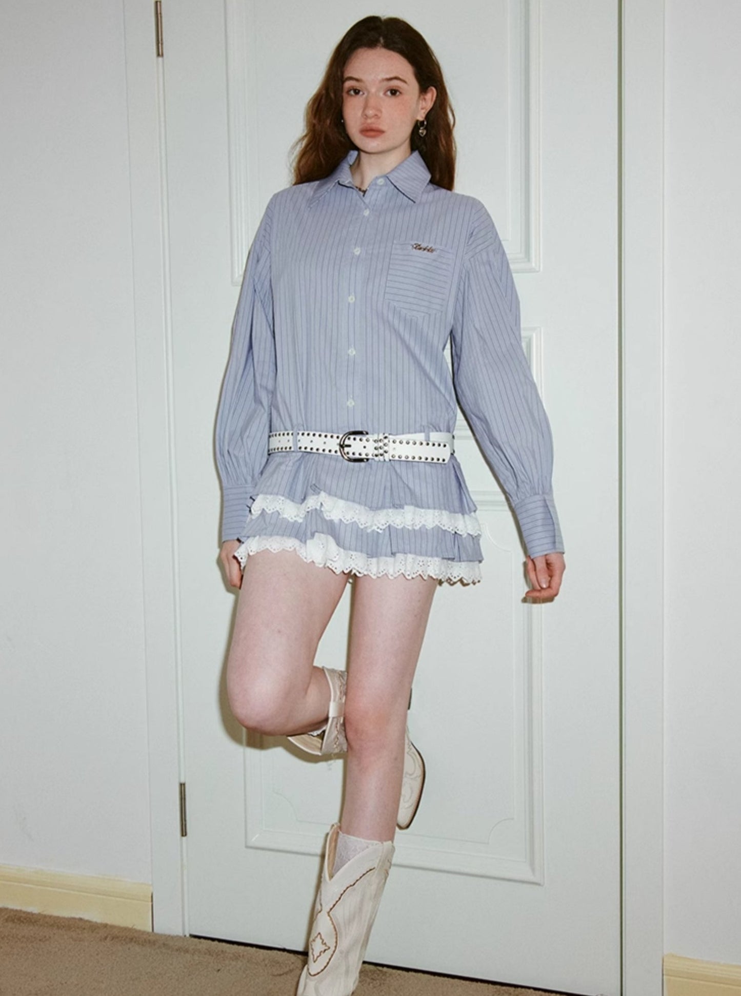 Lace Ruffled Hem Early Spring Shirt Dress