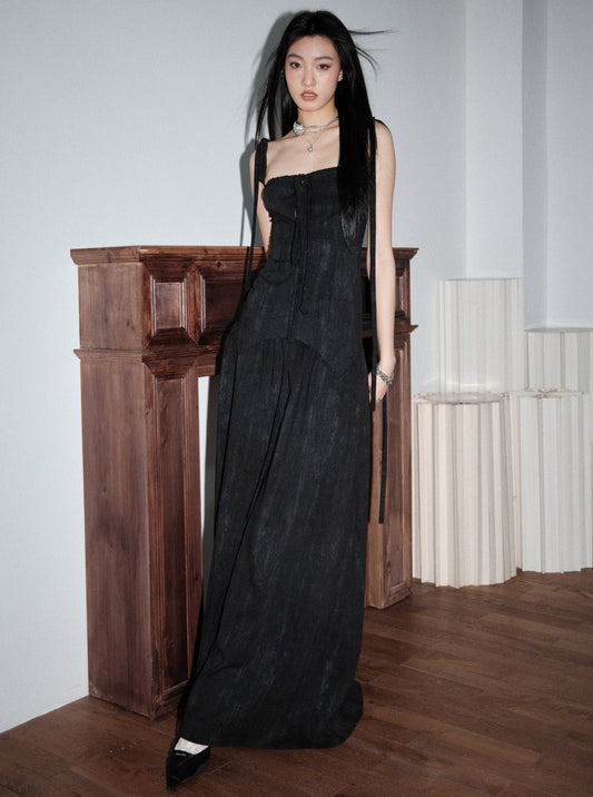 Dark Elegant Hollow Tie Maxi Dress