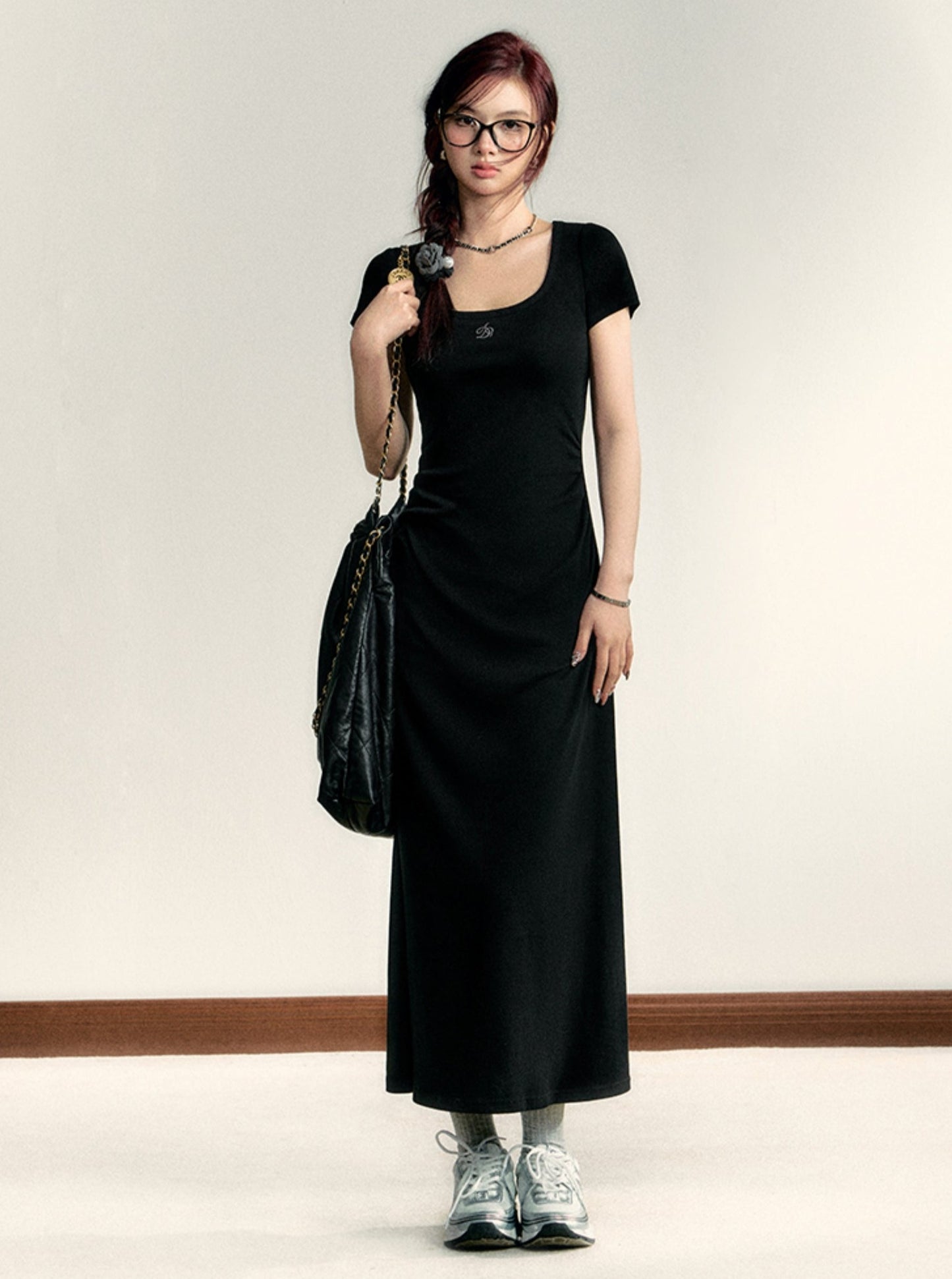 Square Neck Waist Cinched Long Dress