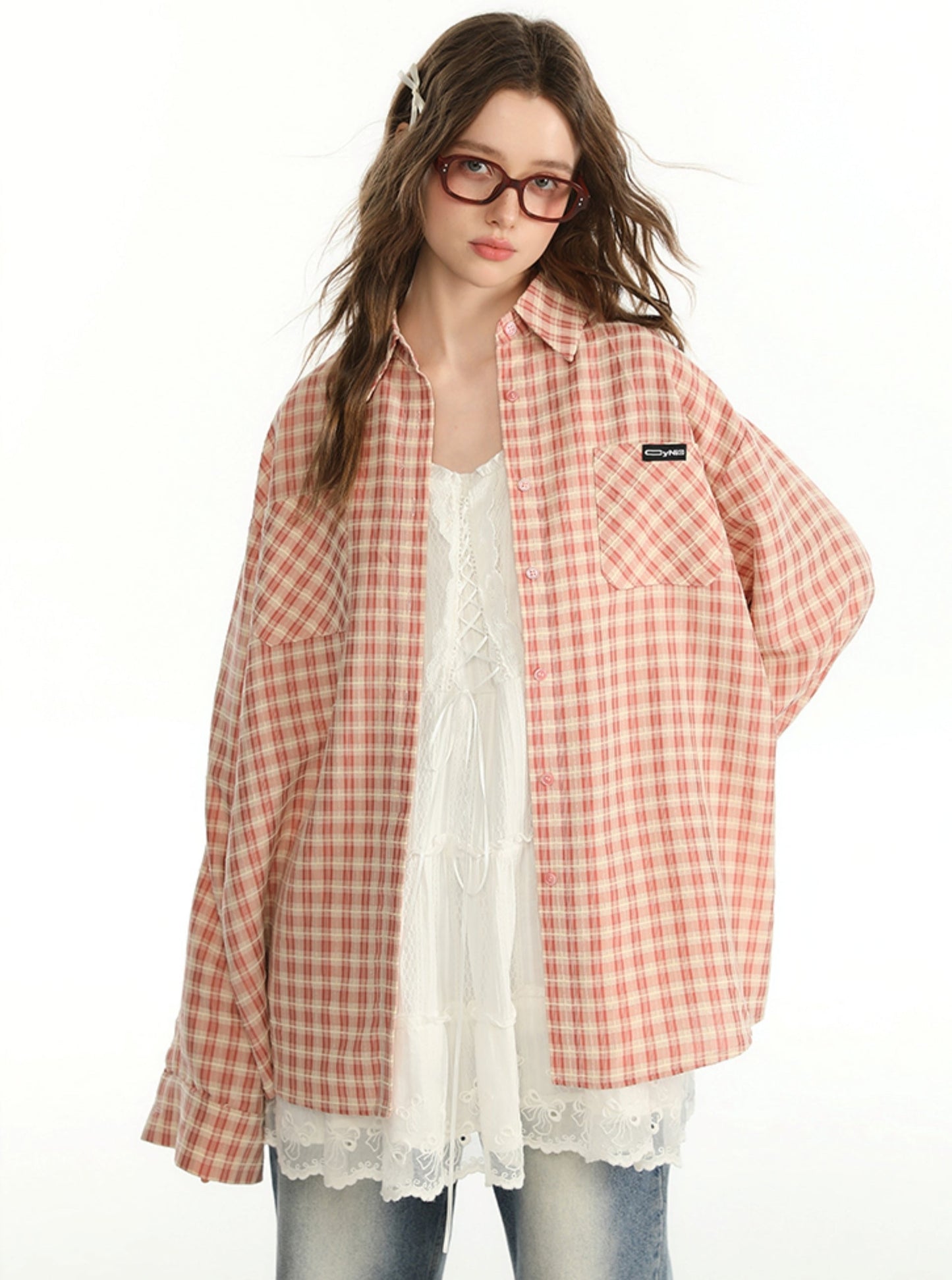 CyNi American Flocked Pink Checkered Shirt Women's Spring and Autumn Top Jacket Long Sleeve Shirt Loose Retro Niche Design o