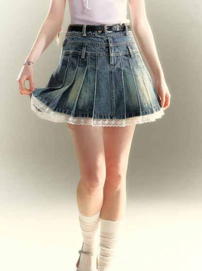 Lace Denim Pleated Skirt