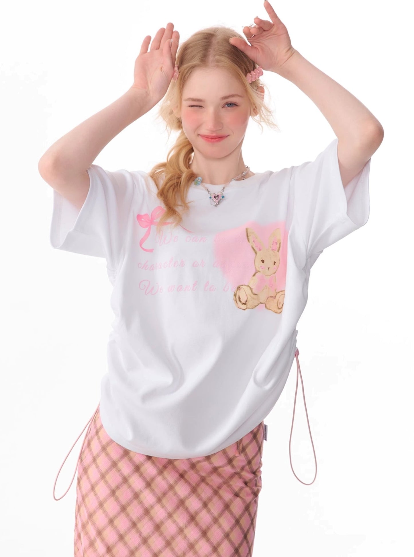 Drawstring Bunny Print T-Shirt