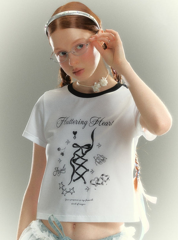 White Bow Letter Print Contrast T-Shirt
