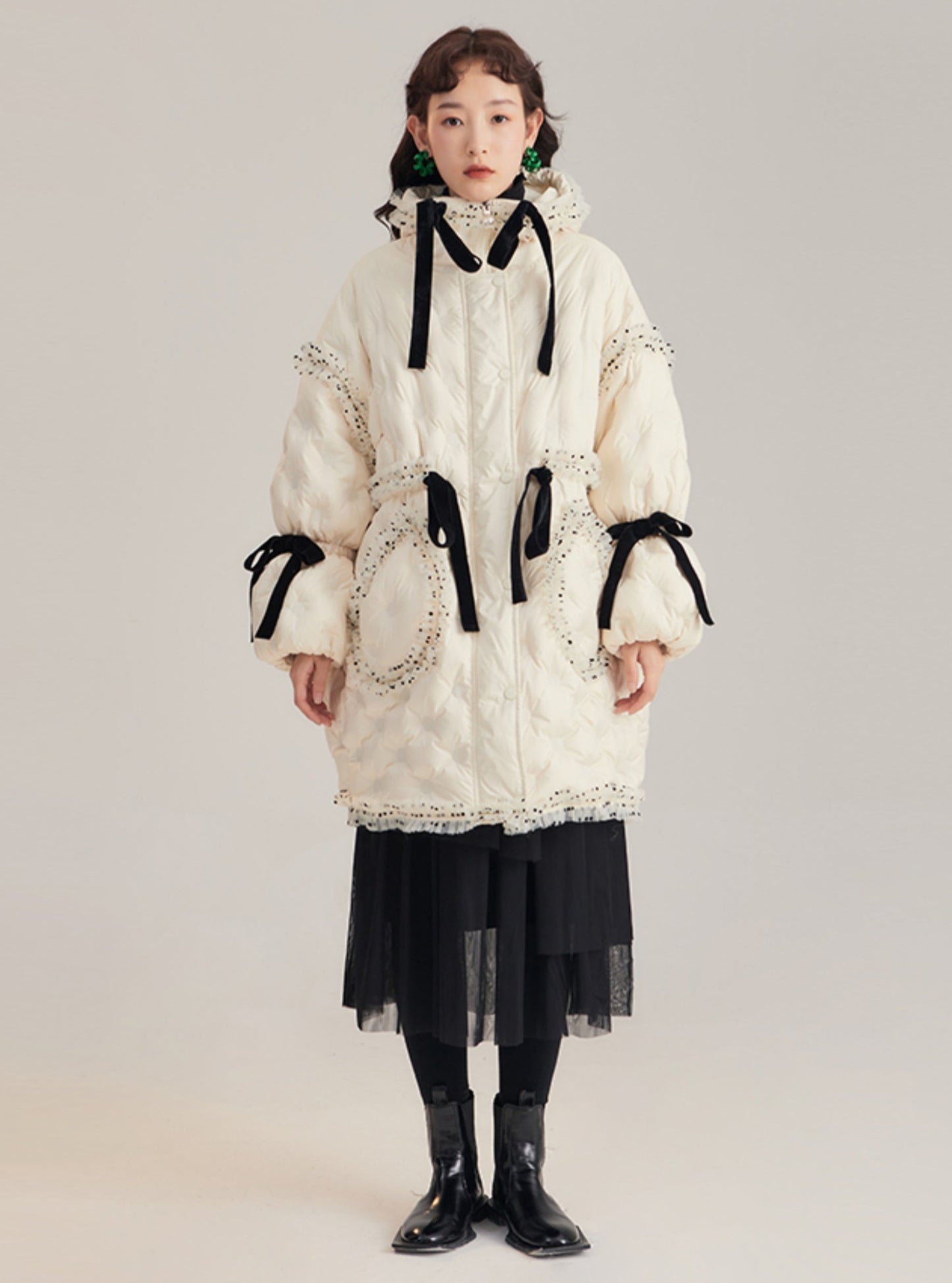 Lace flocking mid-length down jacket