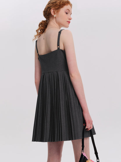 Gray Square Neck Pleated Dress