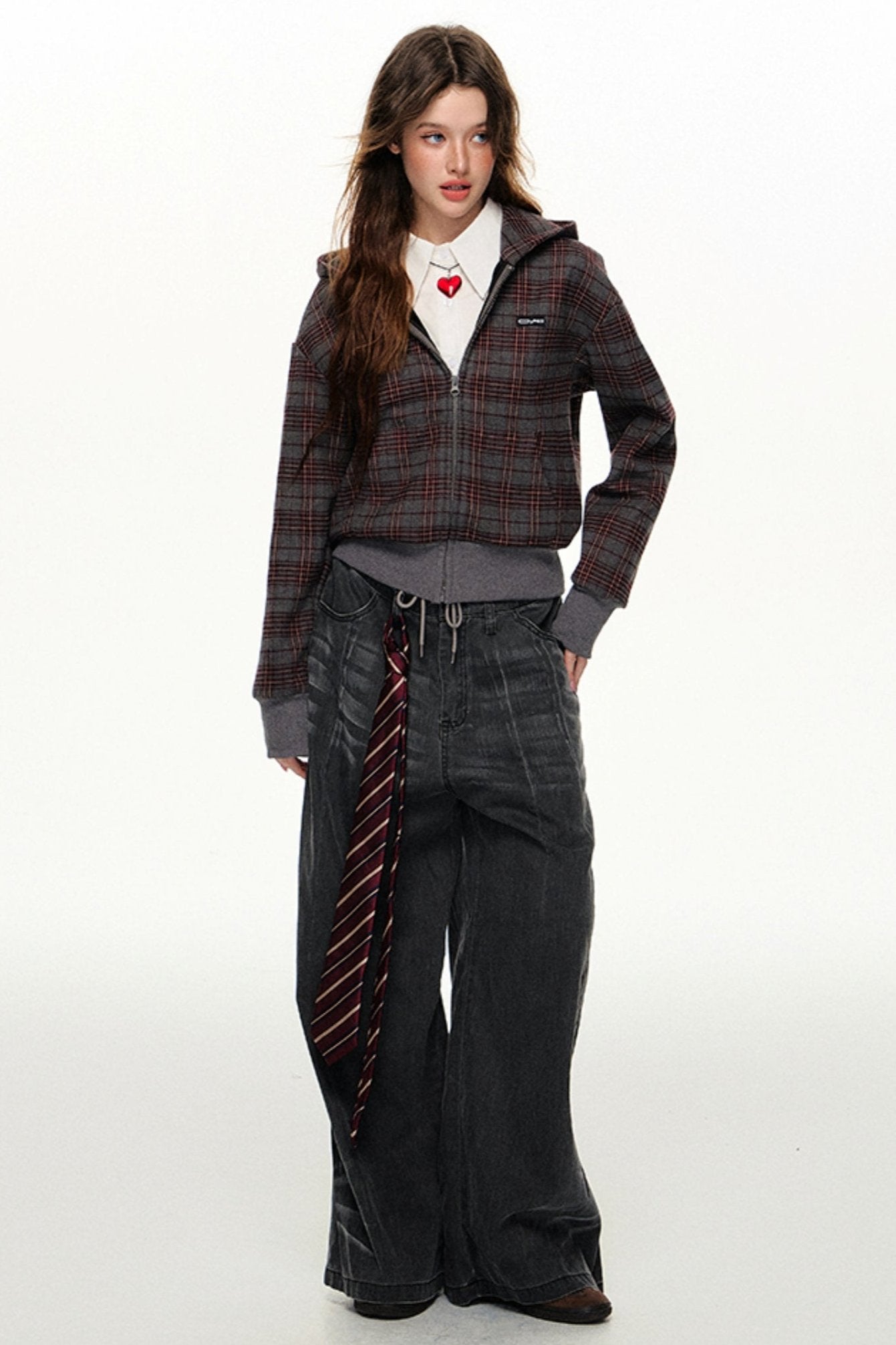 Plaid Hooded Cardigan Sweatshirt Zip Up Jacket