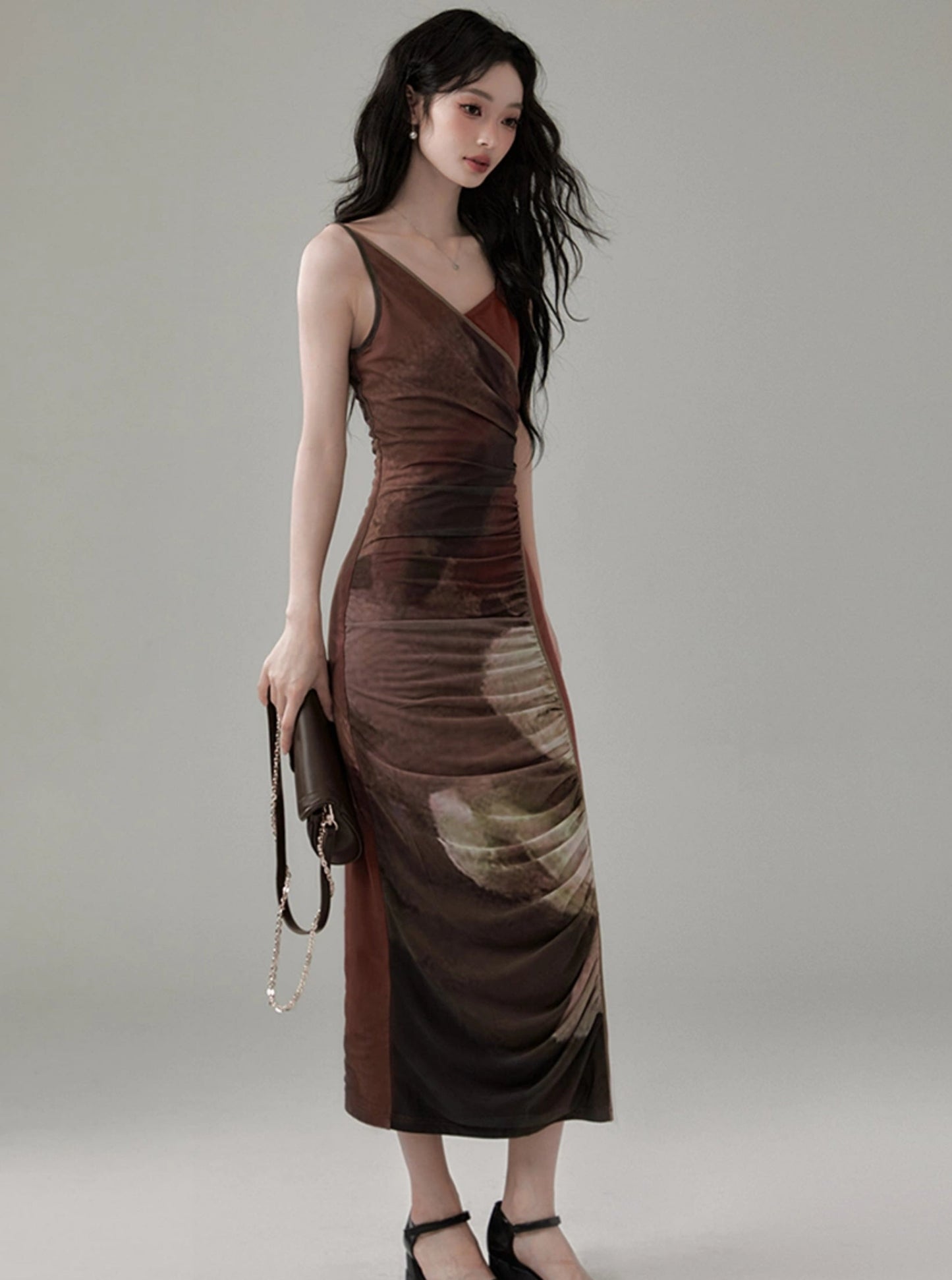 Brown Mesh V-Neck Slip Dress