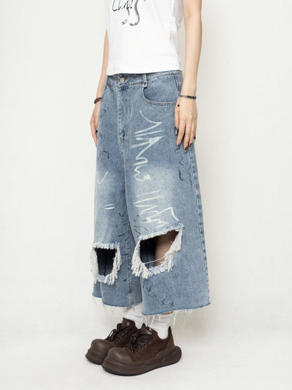 Ripped Denim Cropped Pants