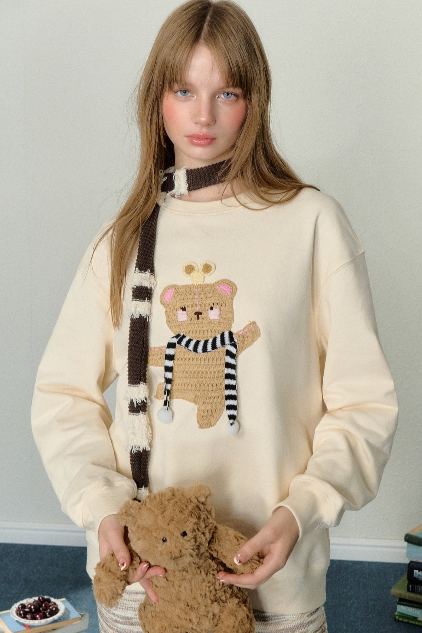 AYF Clockwork Dancing Bear Pullover Sweatshirt Pre-Fall French Vintage Embroidery Loose Slouchy Round Neck Sweatshirt Women