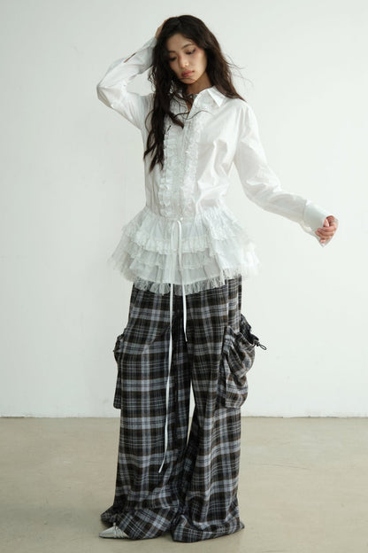 Large Pocket Plaid Wide-Leg Pants