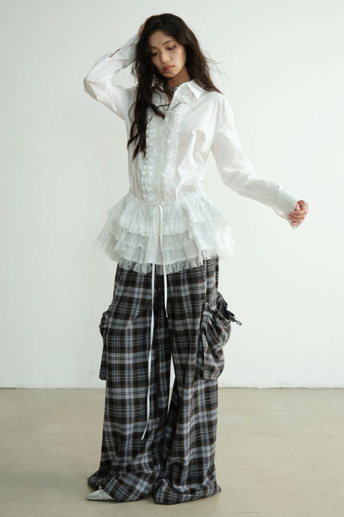 White Lace Tie-Waist Long Shirt