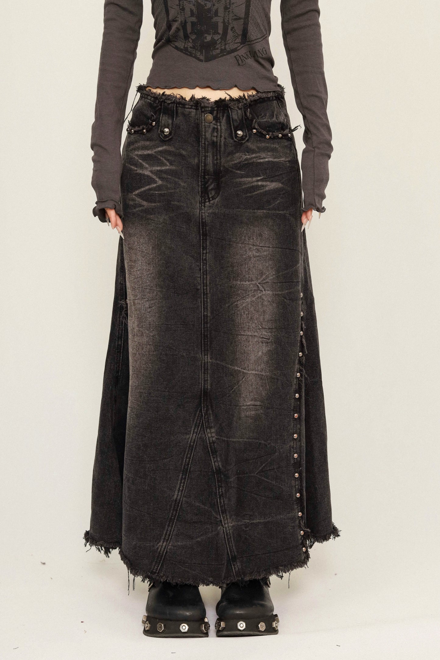 OCTTFLAB Original American Retro Design Denim Rock Women's 2024 Distressed Button A-Line Long Skirt