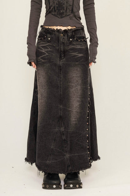 Distressed Button A-Line Denim Skirt