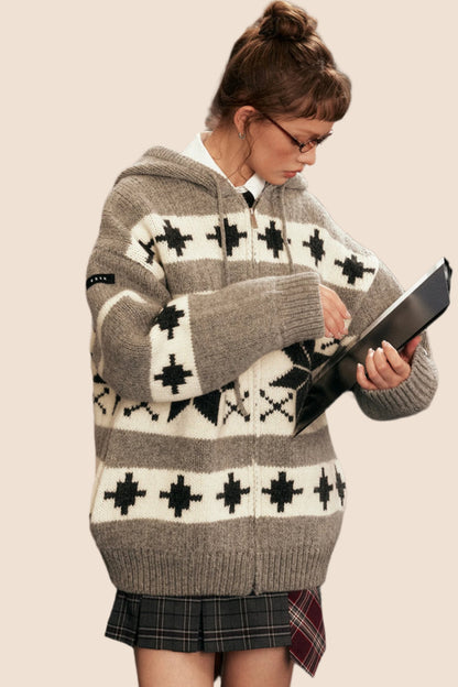 Retro Christmas Hooded Knit Cardigan