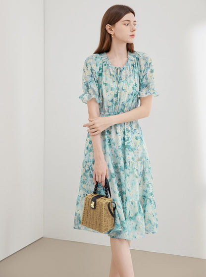 Pressed Pleats Gentle A-Line Floral Dress