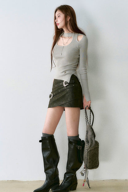 Black Design Leather Short Skirt