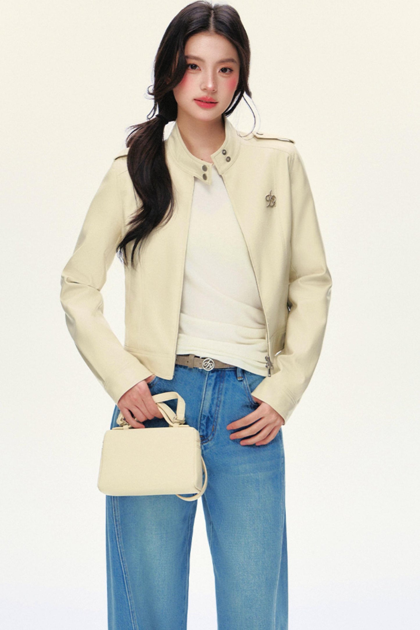 크롭 바이커 PU 가죽 재킷 