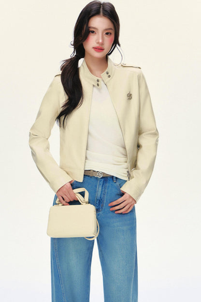 크롭 바이커 PU 가죽 재킷 