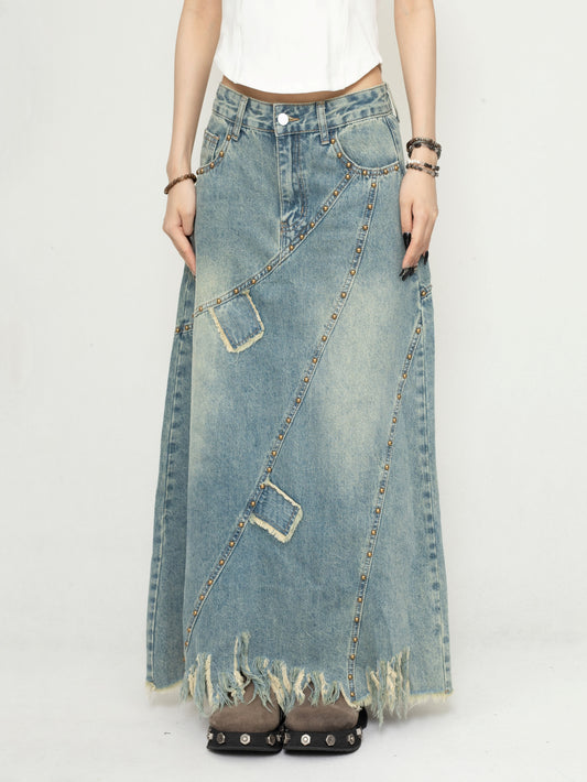 OCTTFLAB/Retro Design Sense Denim Rock Women's 2024 New Summer Aged A-Line Midi Rock Women's Summer