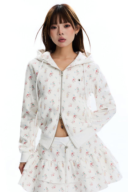 Floral Waffle Hooded Cardigan Jacket