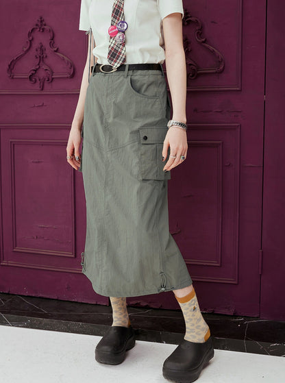 High-Waisted Cargo Long Skirt