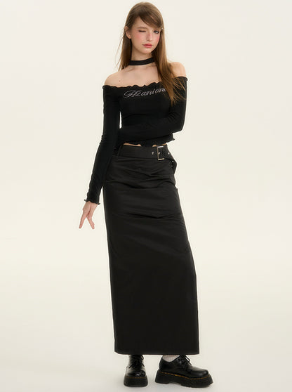 Shirred satin long pleated skirt