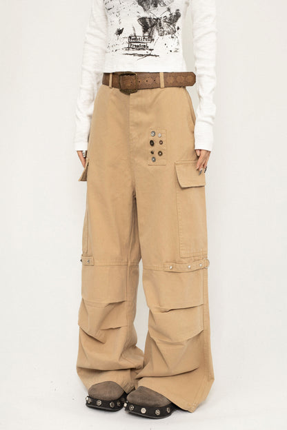 Casual Button Wide-Leg Cargo Pants