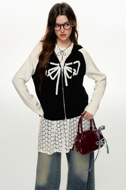 Fall Bow Knit Hooded Jacket