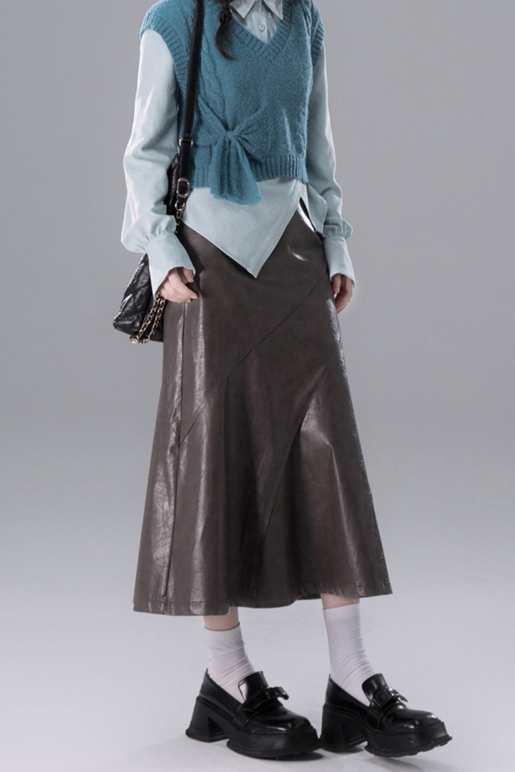 Shadow Gray Curved Leather Skirt