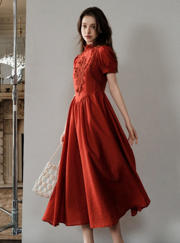 French Hepburn Red Short Sleeve Dress