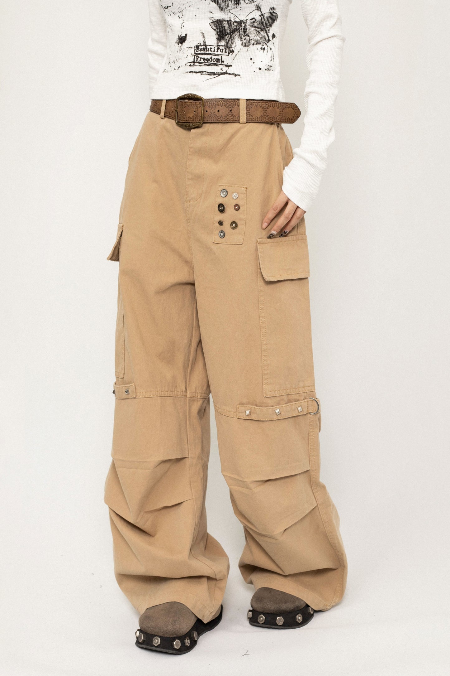 Casual Button Wide-Leg Cargo Pants