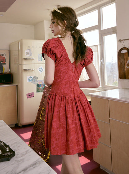Red Jacquard Slimming French Dress
