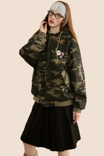 EZEK American Retro Lambswool Pile Thickened Camouflage Hooded Cotton Suit Women's Autumn and Winter Loose bf Cargo Jacket Tide