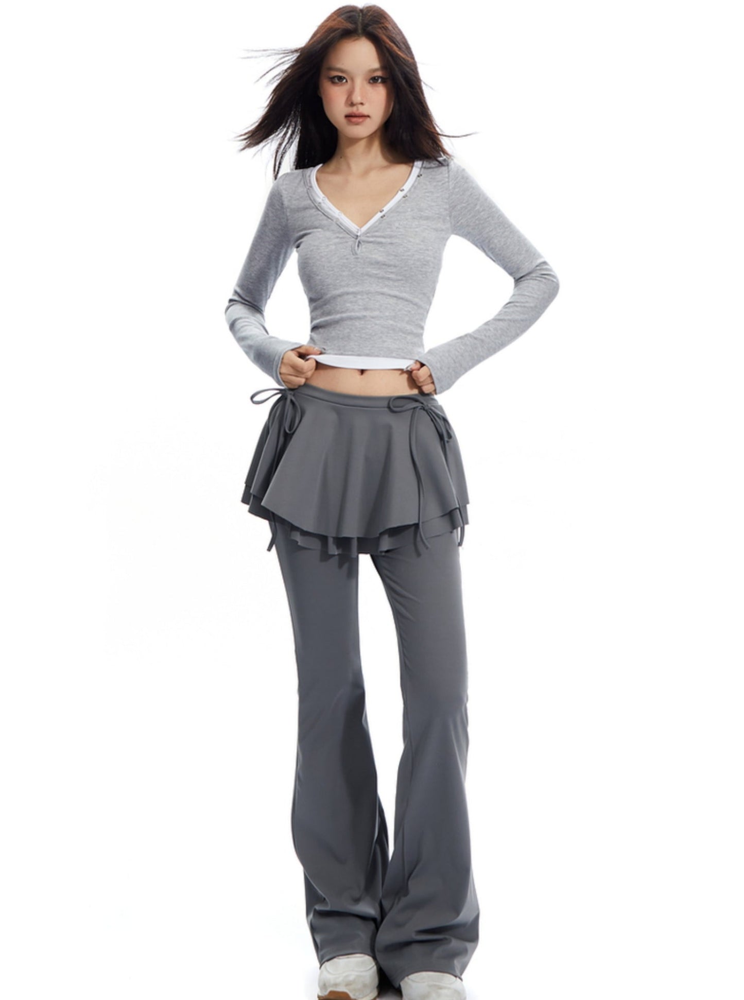 APEA New Balletcore Ruffle Tie Bow Stretch Slim Slightly Flared Skirt Pants Women