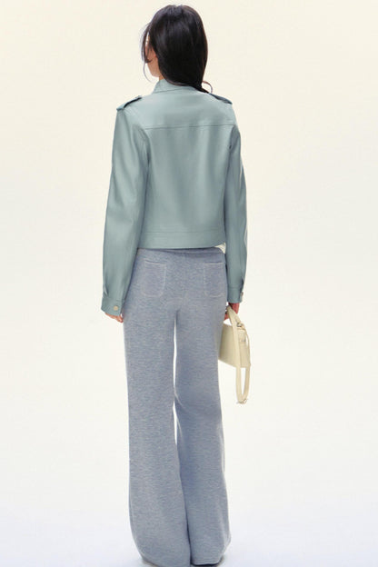 크롭 바이커 PU 가죽 재킷 