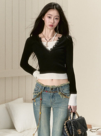 Raw Lace V-Neck Knitwear Top