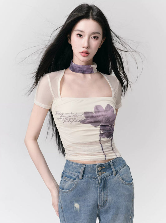 [Spot] fragile shop lily dream pure desire print mesh short sleeve chic slim square neck top