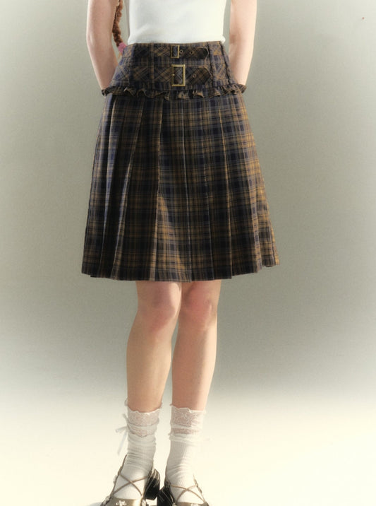 American Double Belt Pleated Skirt