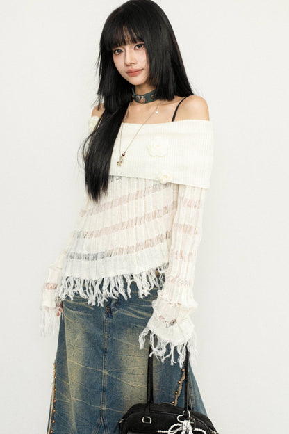 Off-Shoulder Tassel Knit Sweater