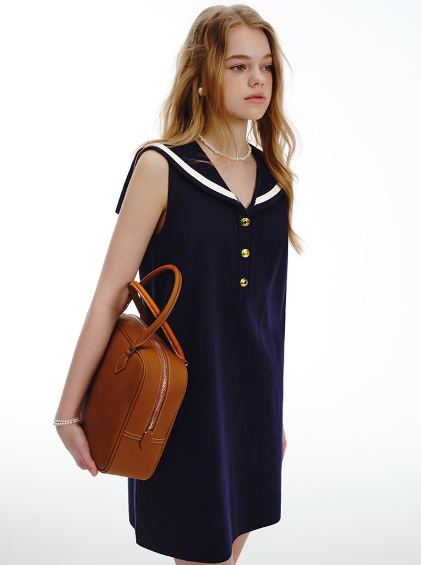 Designer Marineblaues A-Linien-Kleid mit Schalkragen