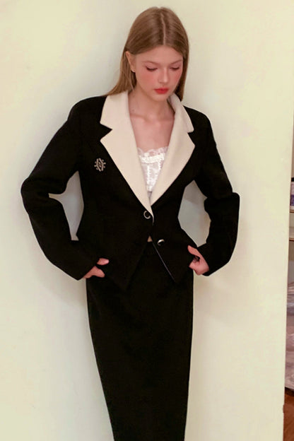 [9.19 20 o'clock new] lily of the valley black wood suit woolen jacket women's autumn and winter long skirt two-piece suit