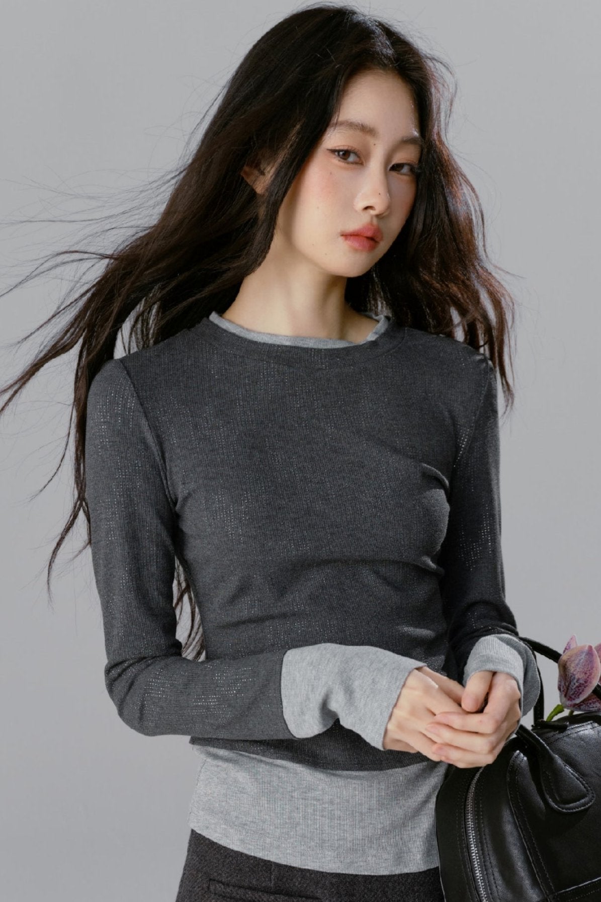 Gray Stitching V-Neck Slim Top