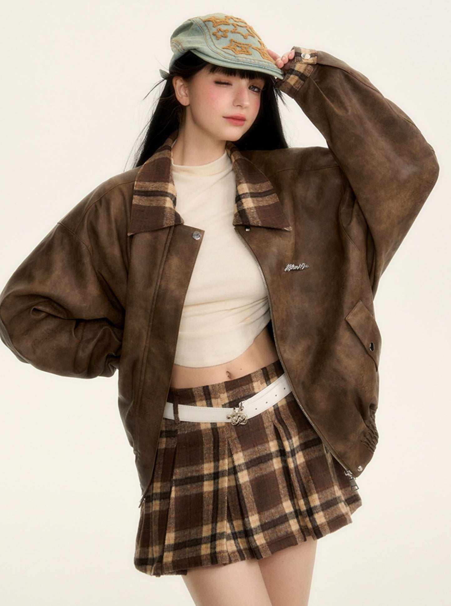 American paneled baseball leather jacket skirt set-up