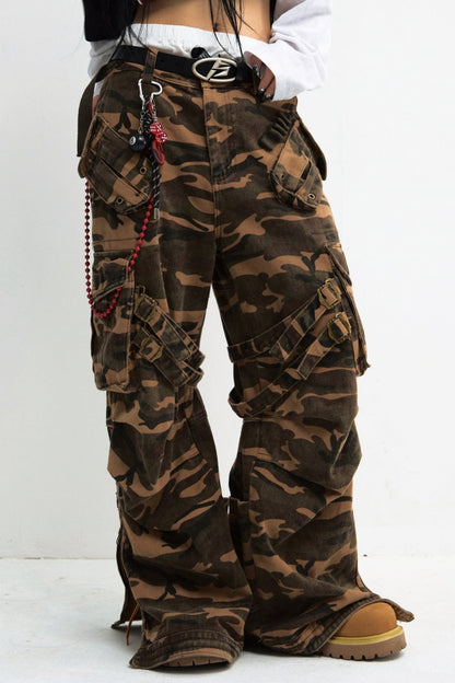 PEOPLESTYLE Army Green Camouflage Tactical Straight Cargo Pant American Retro Vibe Loose Casual Pants